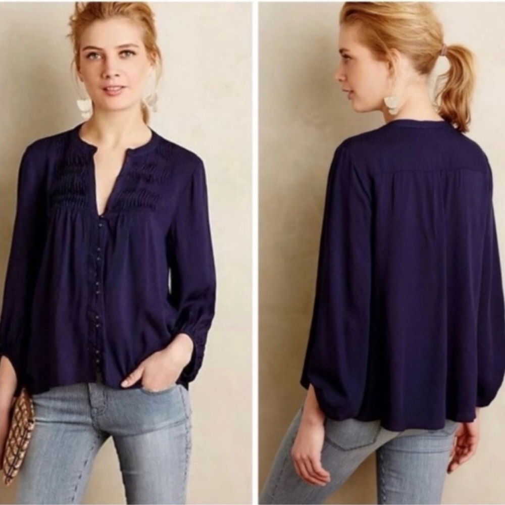 Maeve Anthropologie Deep Blue Women's Blouse 3/4 Sleeve